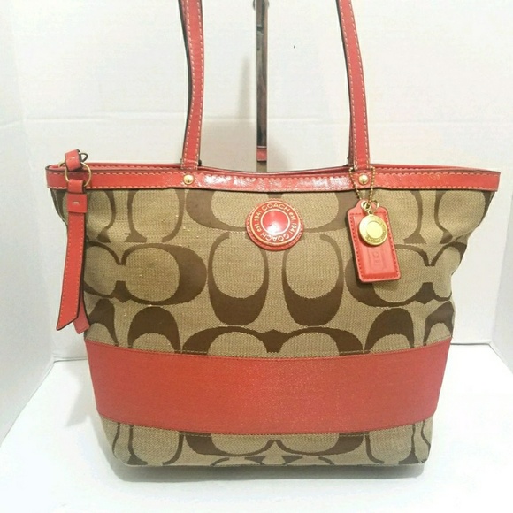 Coach Handbags - Coach Signature Stripe Beige & Orange Tote